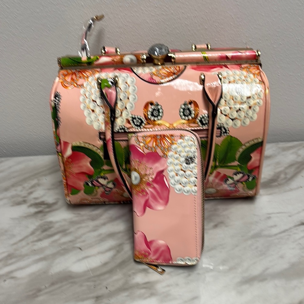 Floral Pink Designer Handbag and Wallet Set